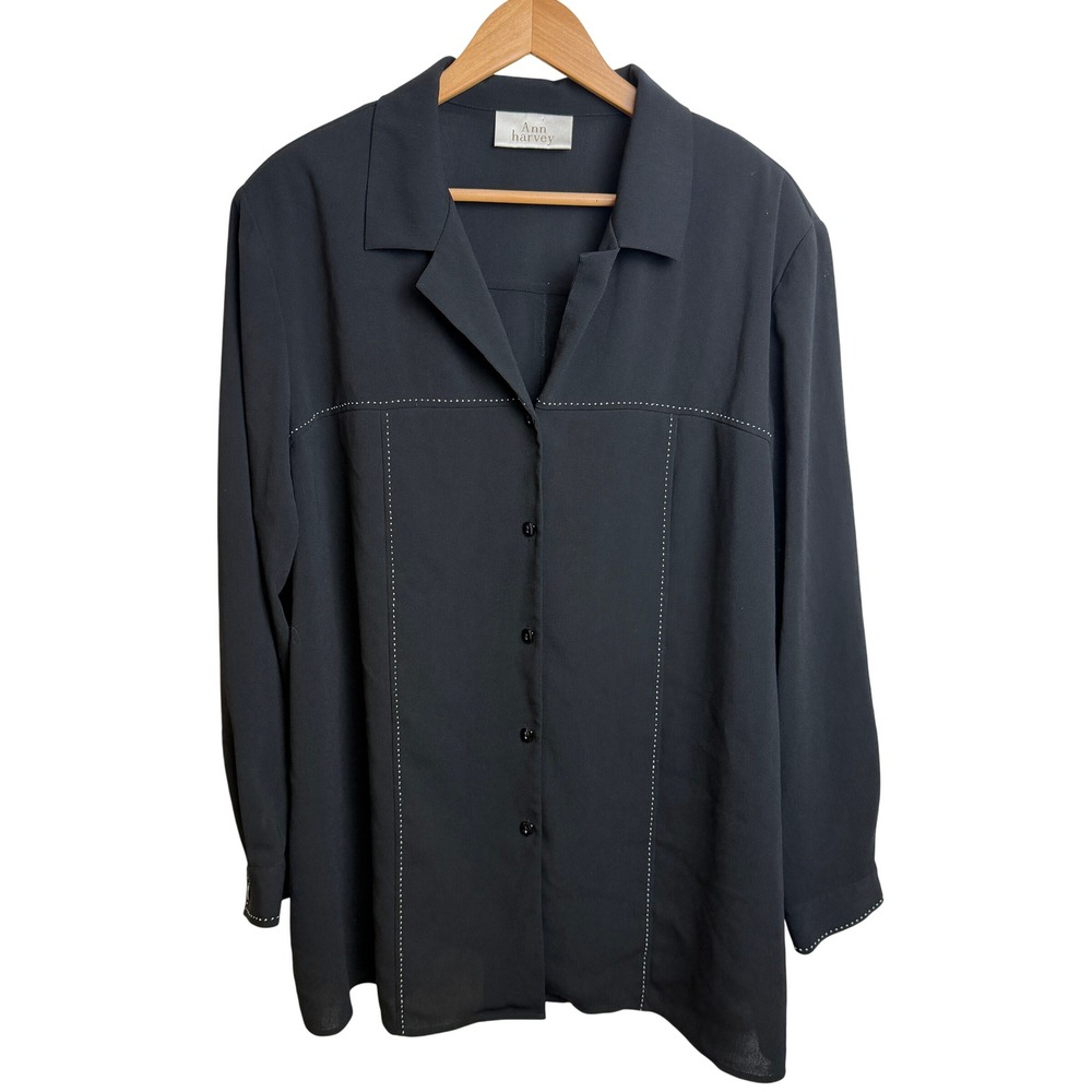 Ann Harvey Button Blouse Plus 26 Plus Black Office Chic Quiet‎ Luxury Polished